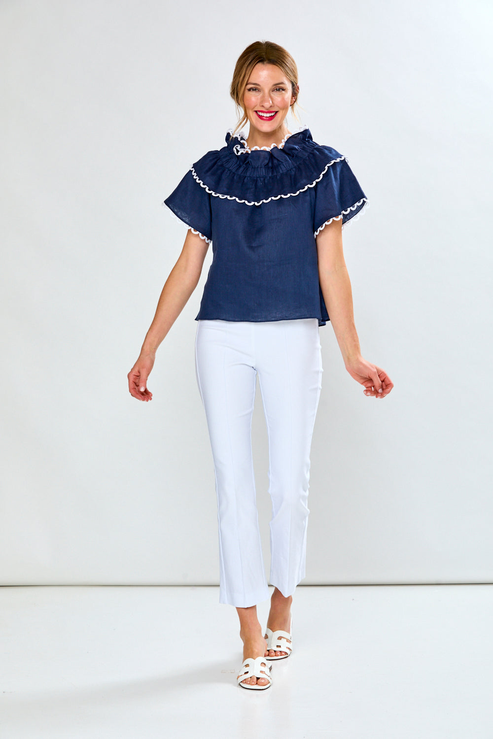 Woman in navy linen blouse