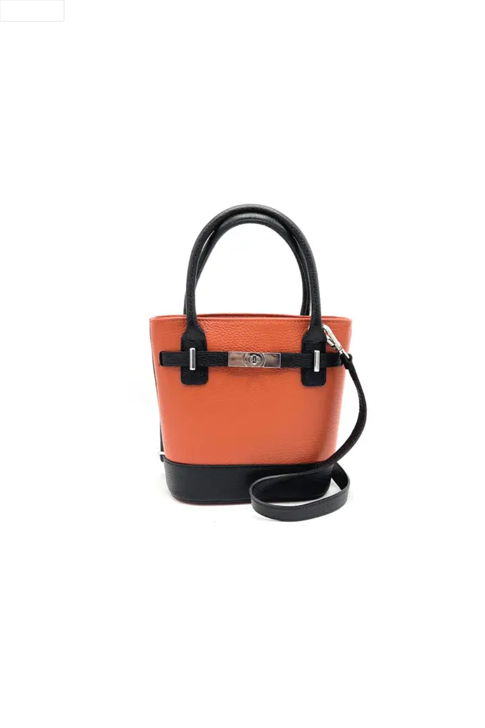 Orange and black handbag on a white background