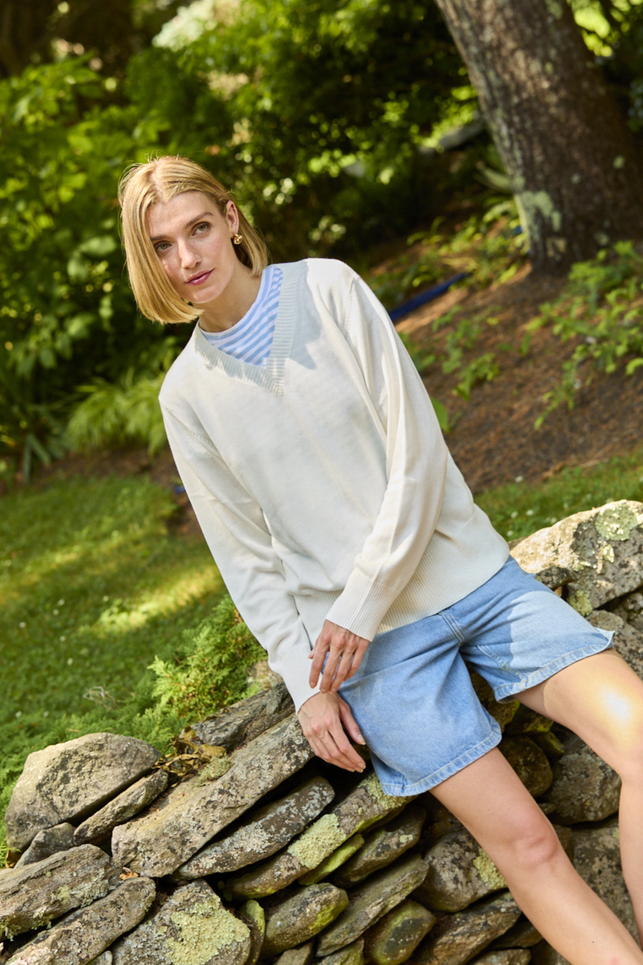 Woman wearing a v neck sweater