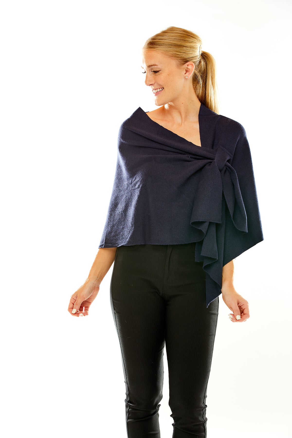 Woman in navy wrap