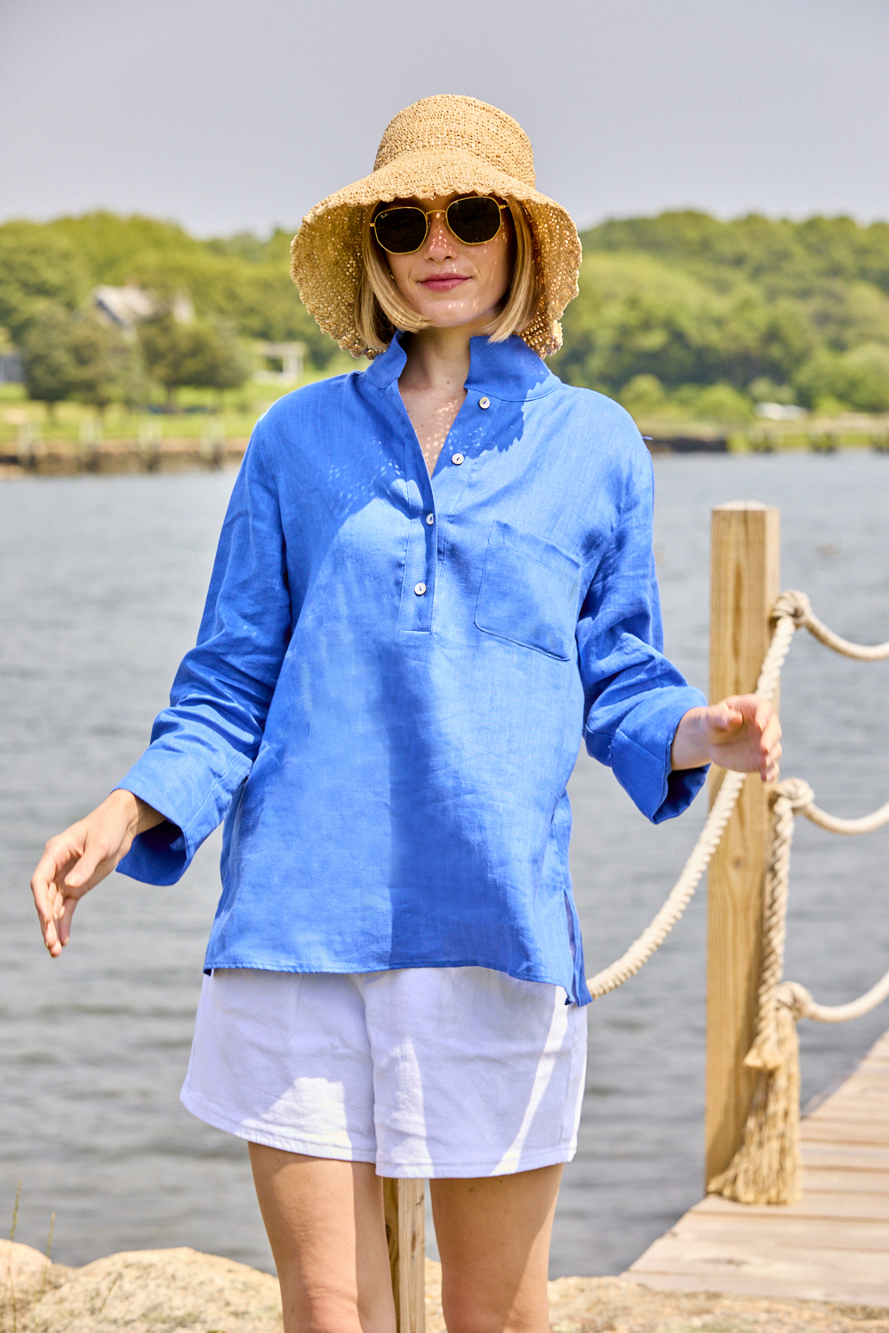 Woman in a blue linen shirt