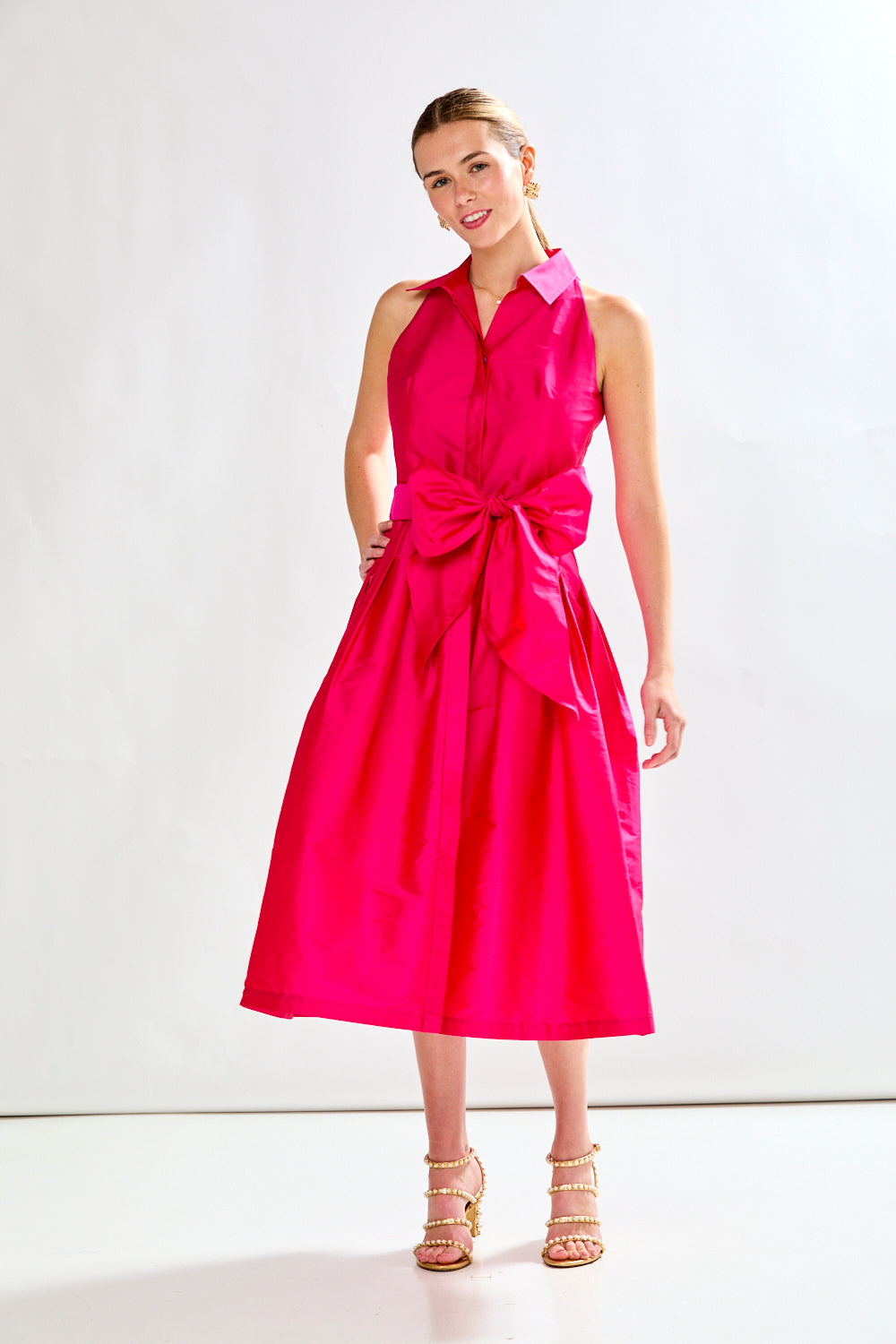 Woman in fuschia dress