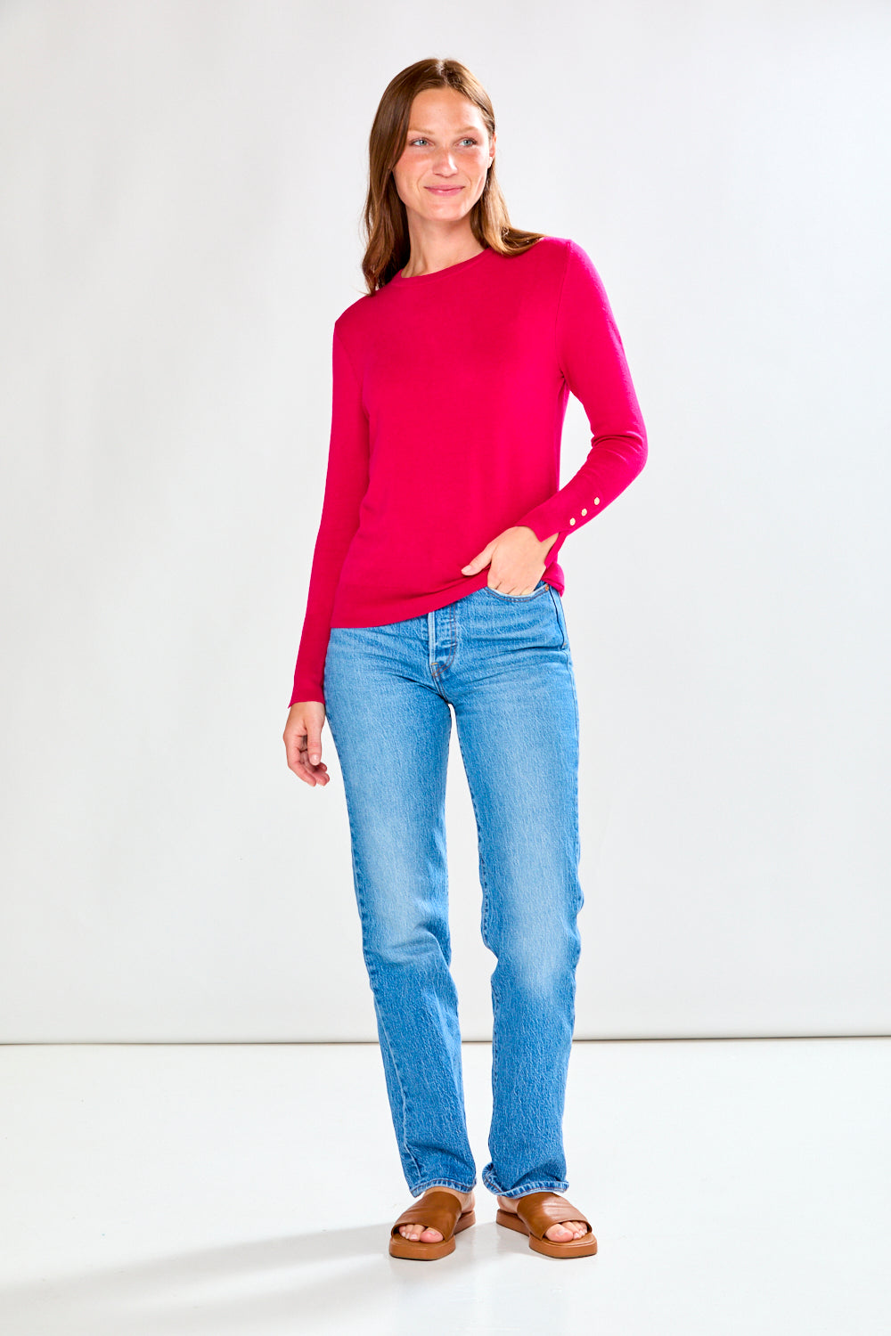Crew Pullover With Button Cuff Slit in Berry