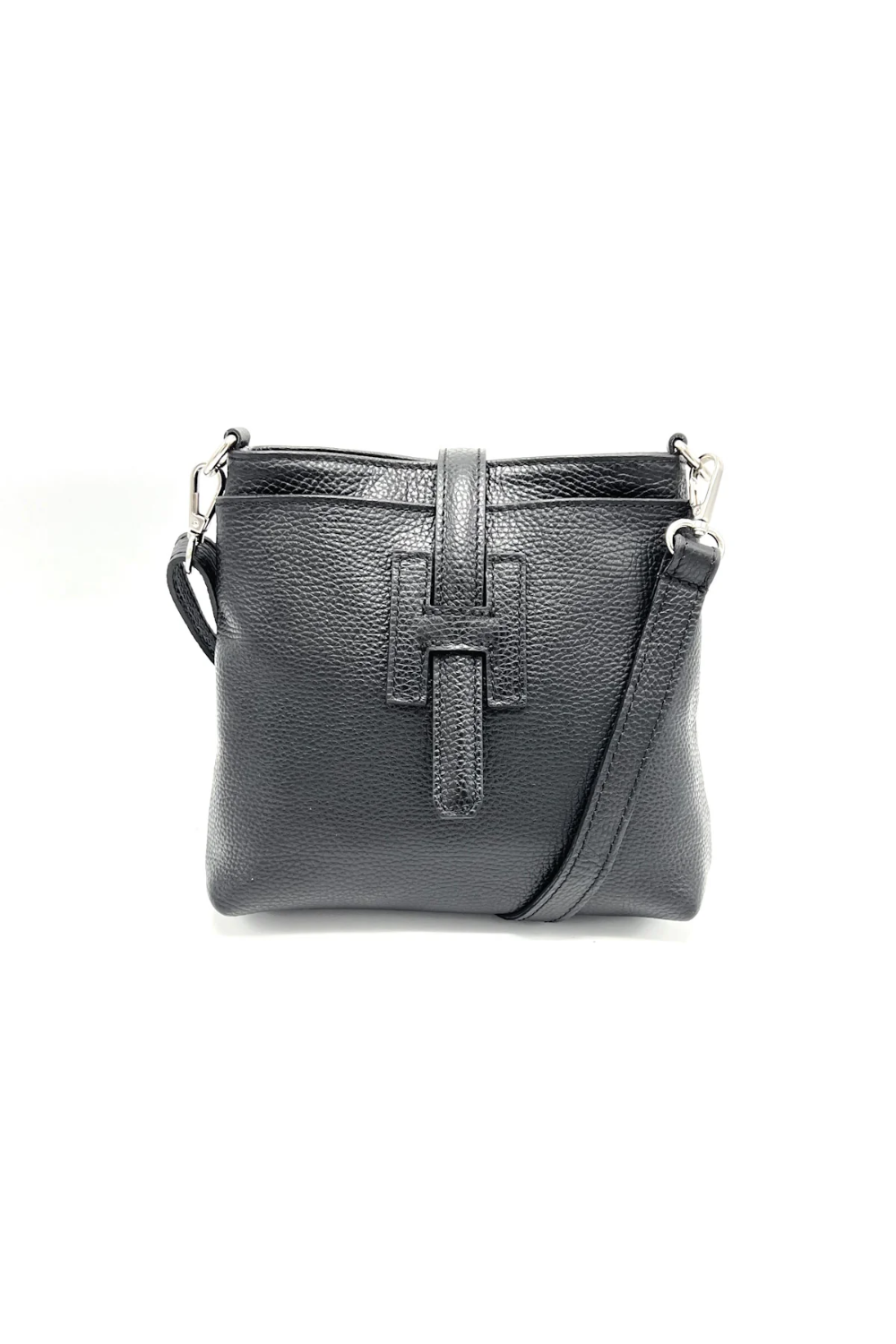 Black leather handbag with a buckle detail on a white background