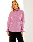 Woman in raspberry gingham shirt