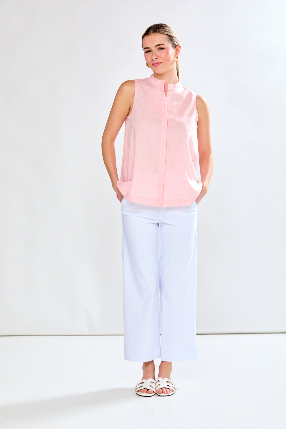 Woman in sorbet linen top