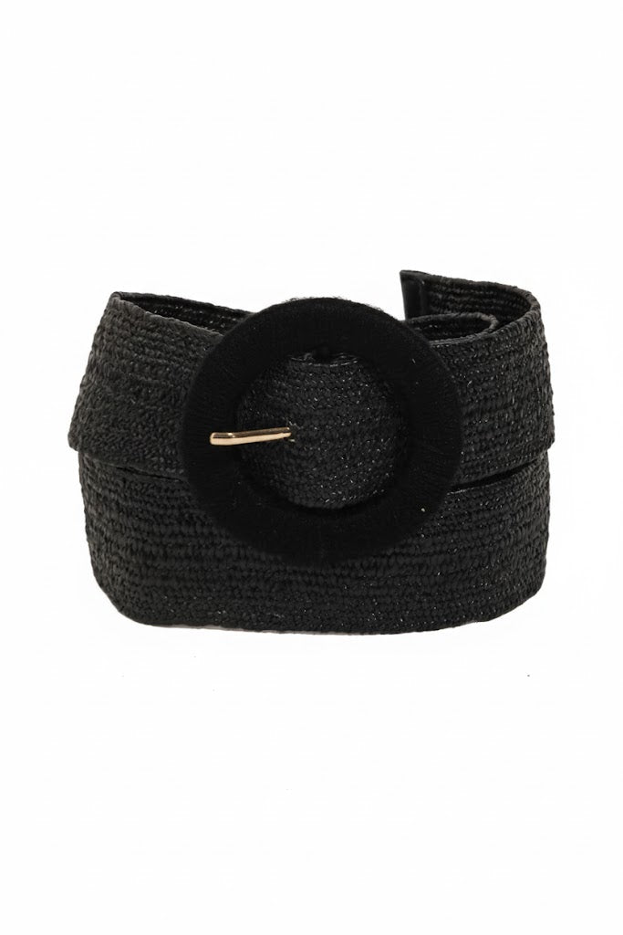 Black textured belt with a gold buckle on a white background