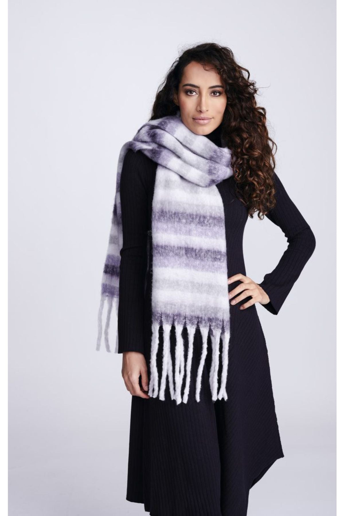 Woman in lilac scarf