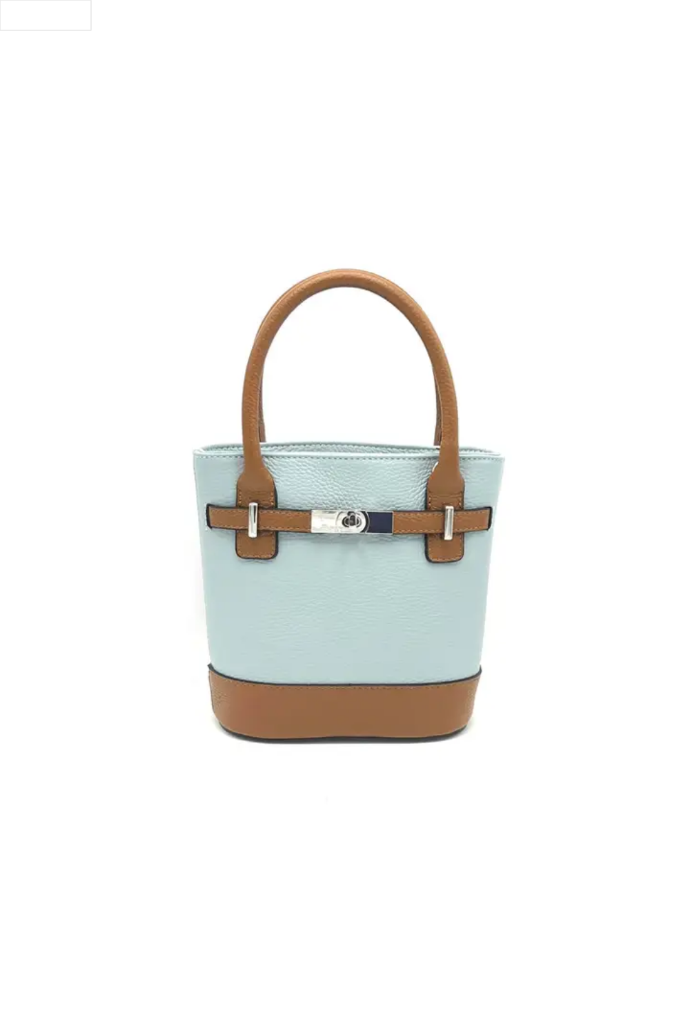 Light blue and camel handbag on a white background