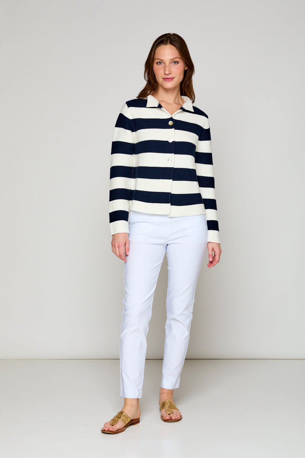 Woman in striped mock neck sweater