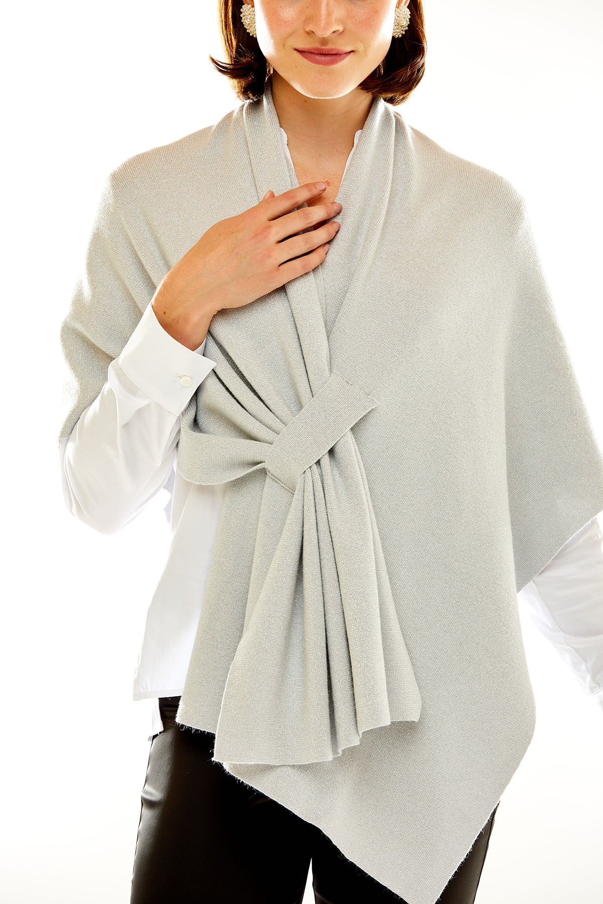 Woman in silver wrap