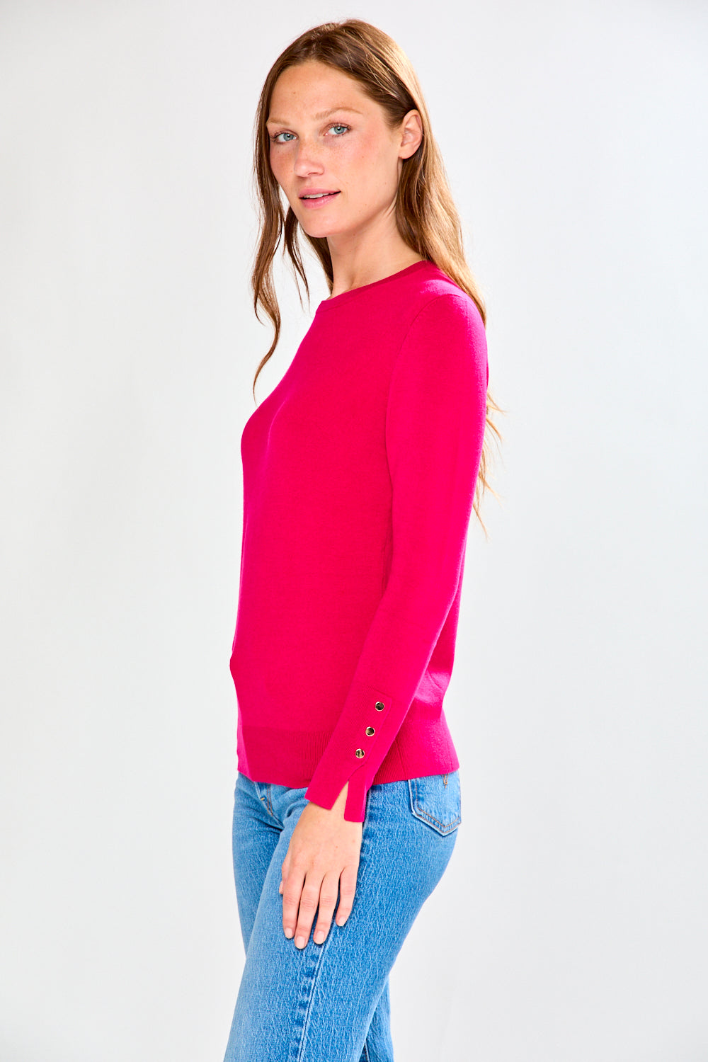 Crew Pullover With Button Cuff Slit in Berry