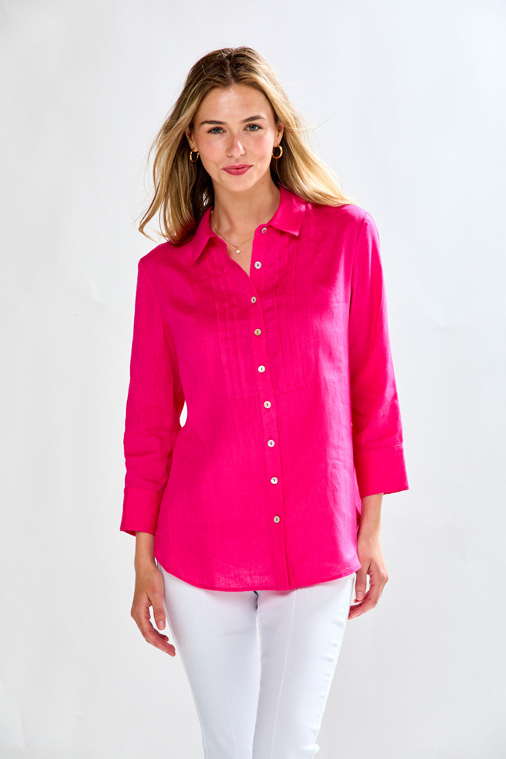 Woman in fuschia blouse