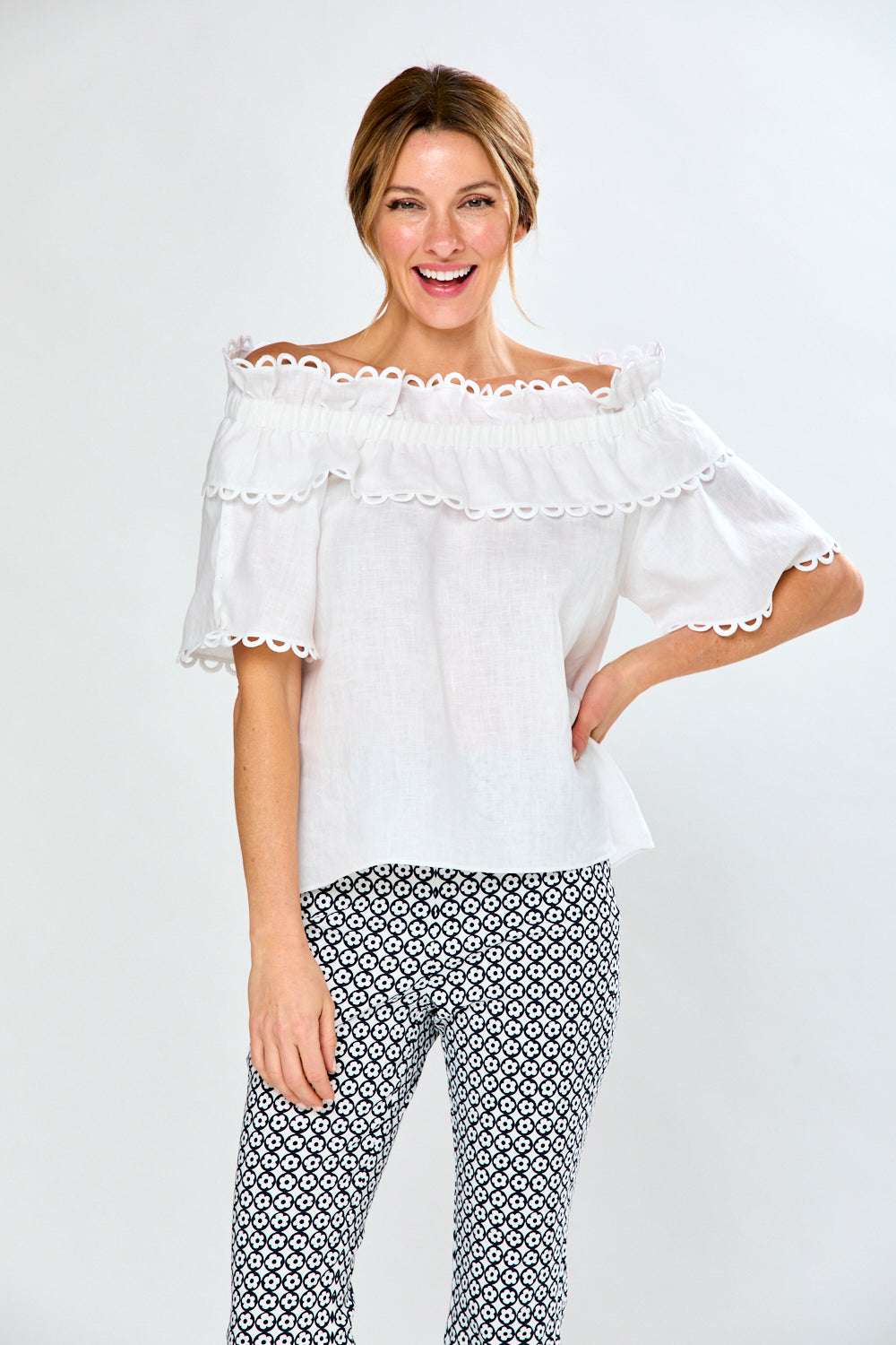 Woman in white linen blouse