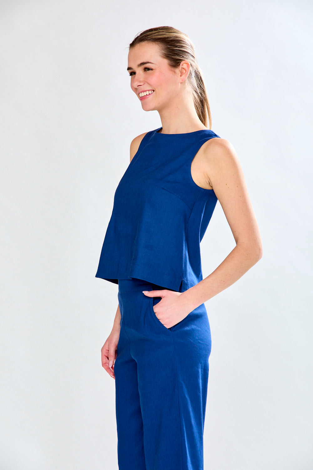 Woman in admiral blue top