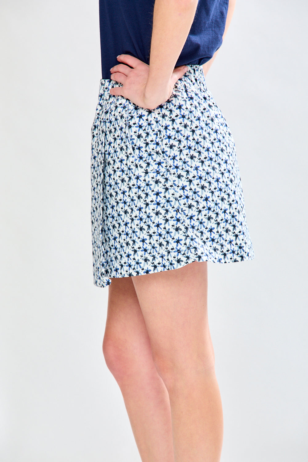 Woman in blue printed skort