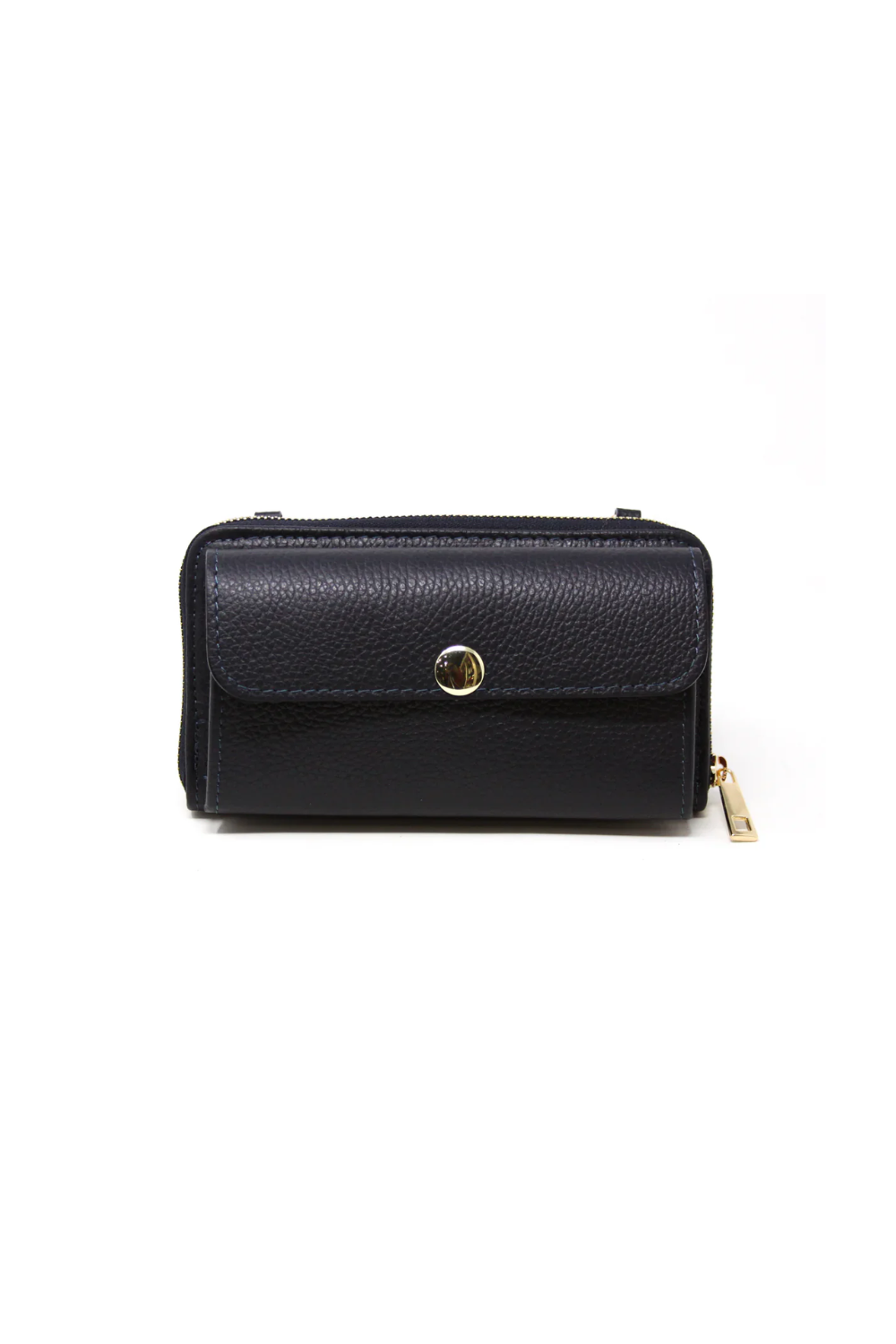 Navy wallet with gold accents on a white background