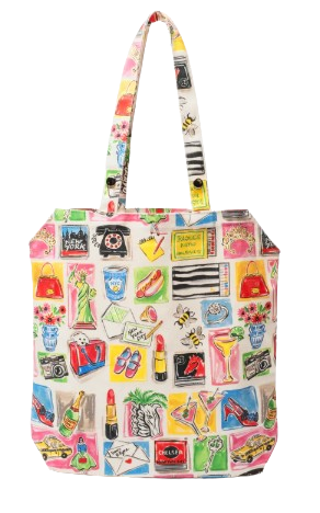 Colorful tote bag with various designs on a white background