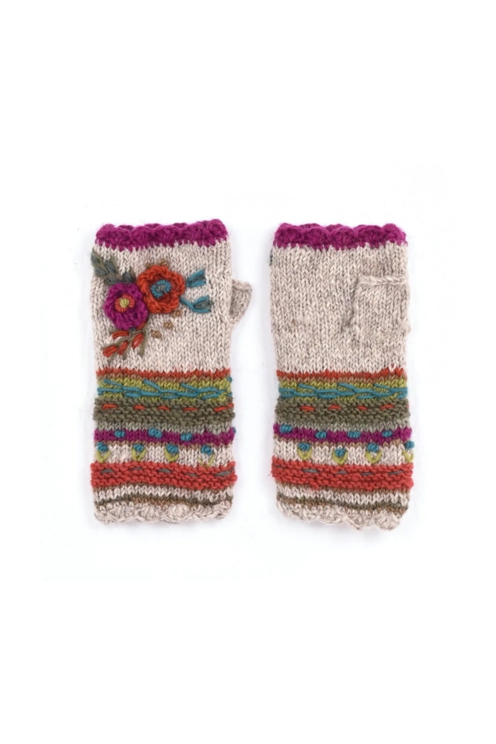 Pair of rose knitted fingerless gloves with floral embroidery on a white background