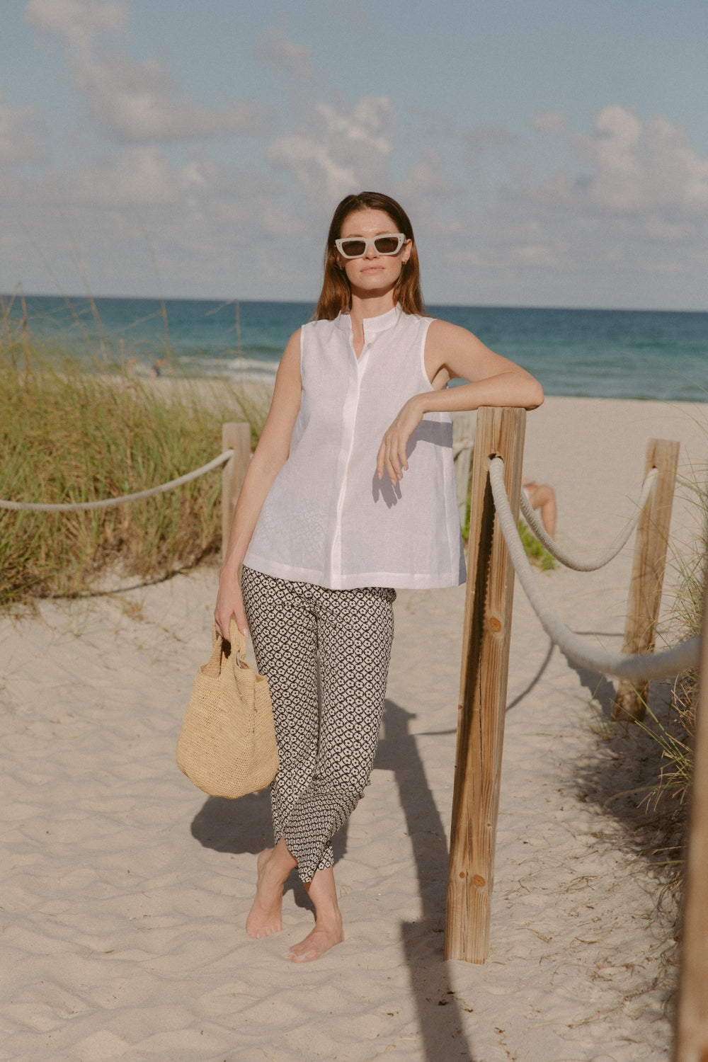 Woman in floral circle pants