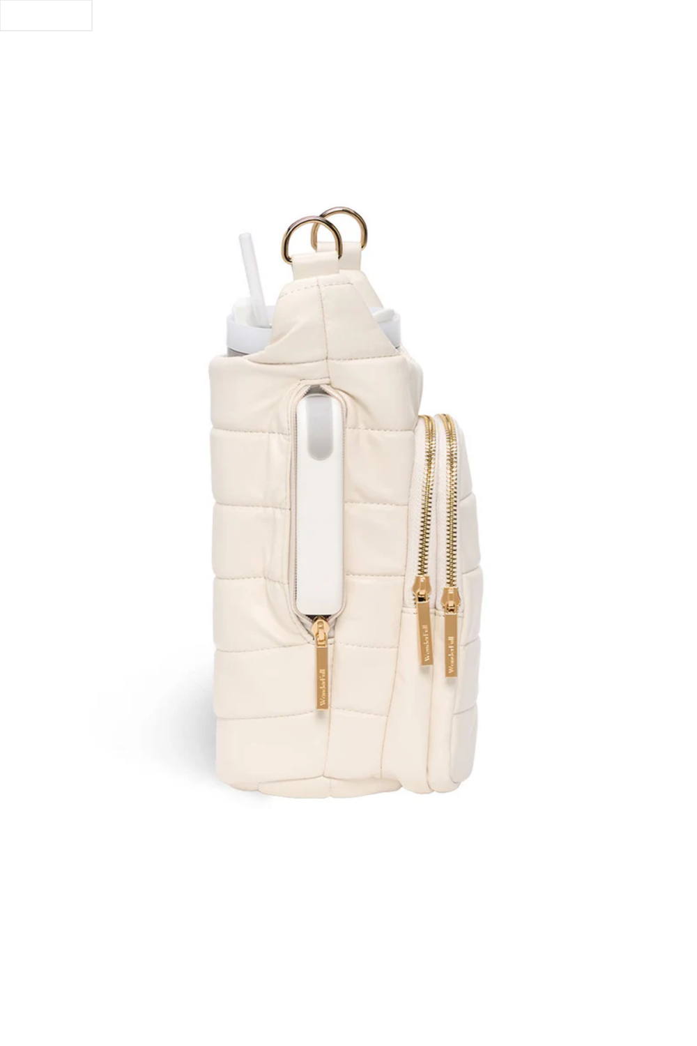 Ivory leather crossbody water bottle bag with gold chain detail on a white background