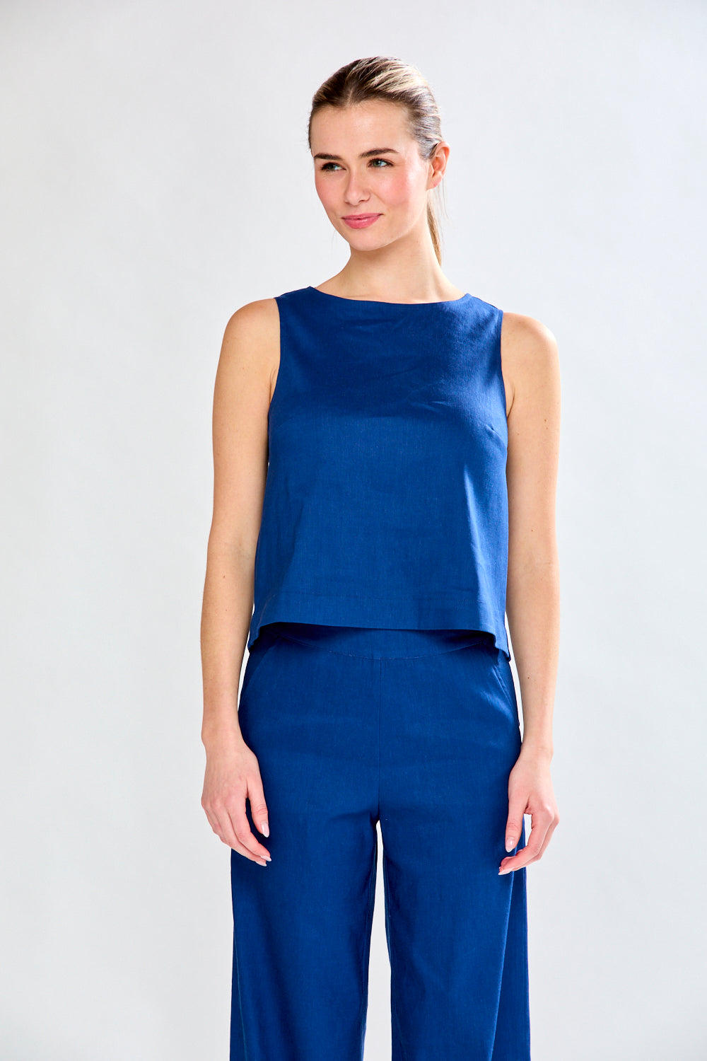 Woman in admiral blue top
