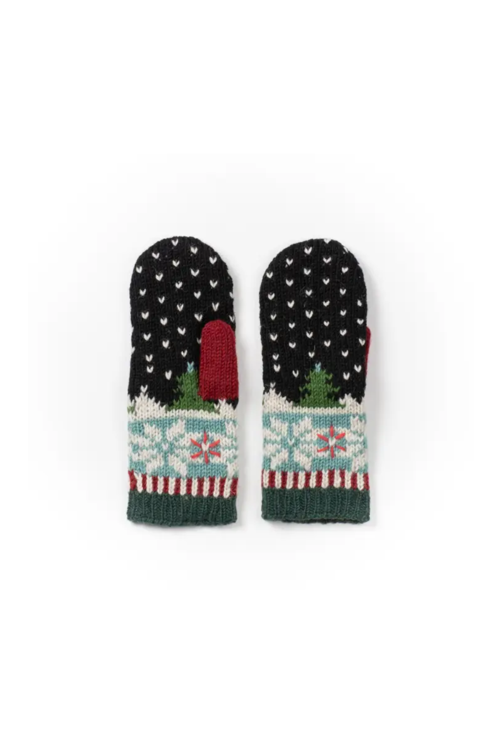 Pair of black mittens with festive patterns on a white background