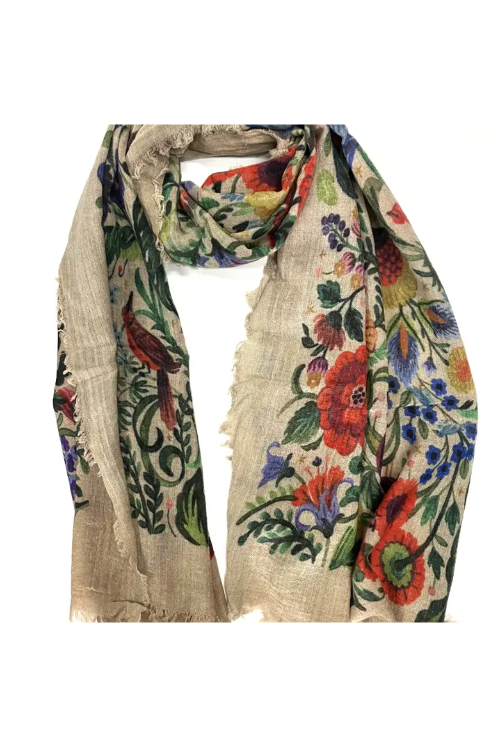 Floral and bird patterned scarf on a white background