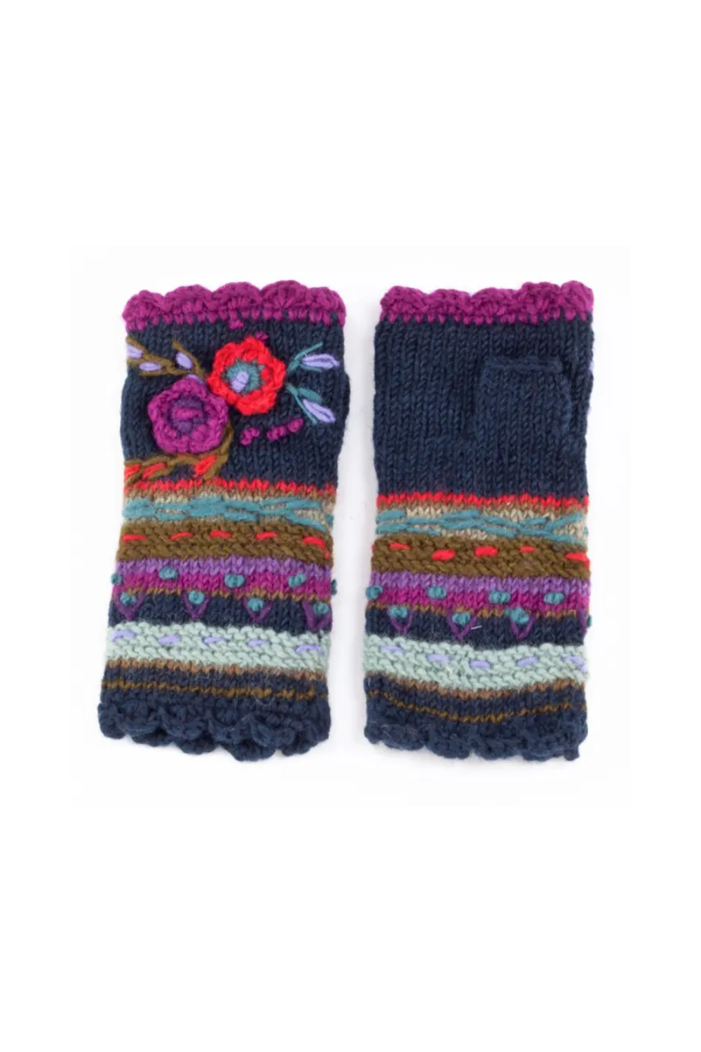 Pair of knitted fingerless gloves with floral design on a white background