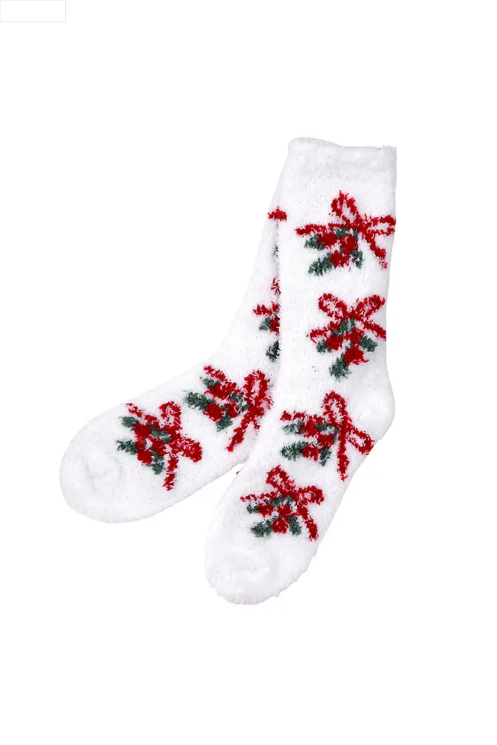 White socks with red mistletoe patterns on a white background