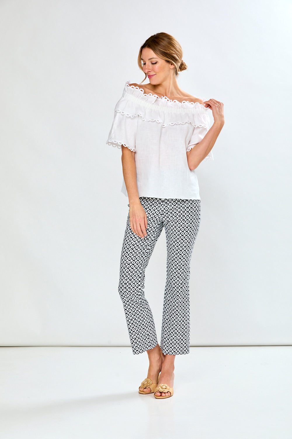 Woman in white linen blouse