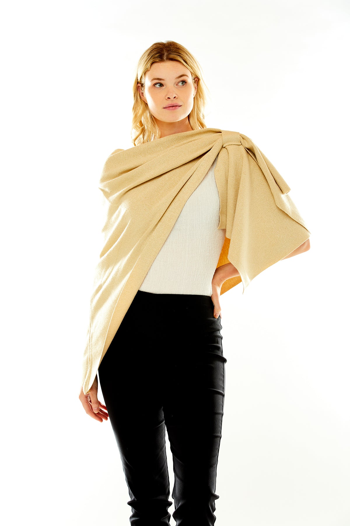 Woman in metallic gold wrap