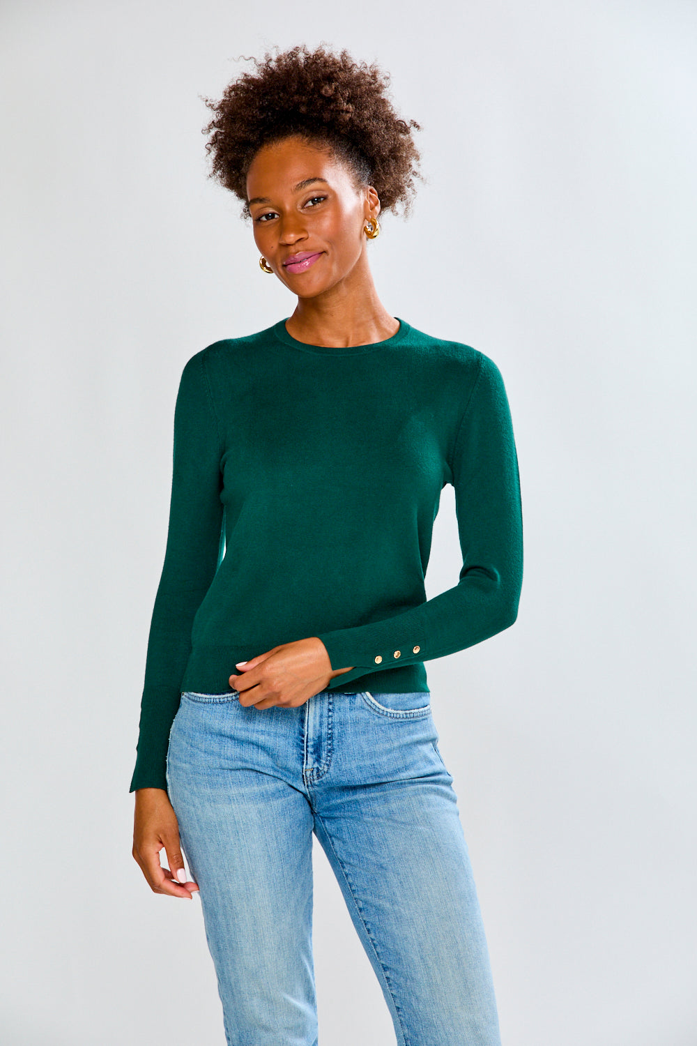 Crew Pullover With Button Cuff Slit in Evergreen