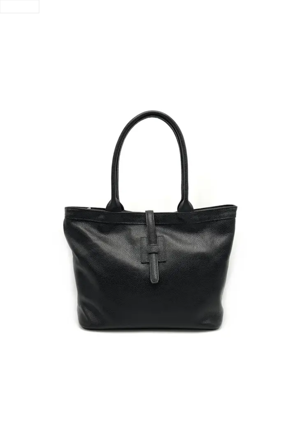 Black leather handbag on a white background