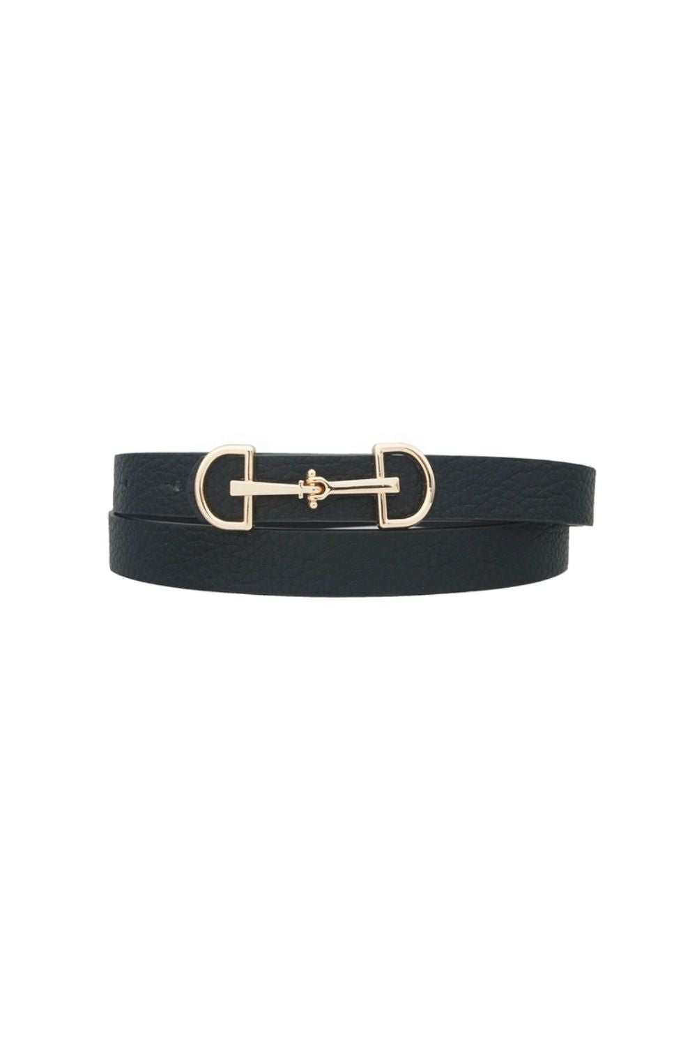 A black skinny belt with a metallic horsebit buckle.