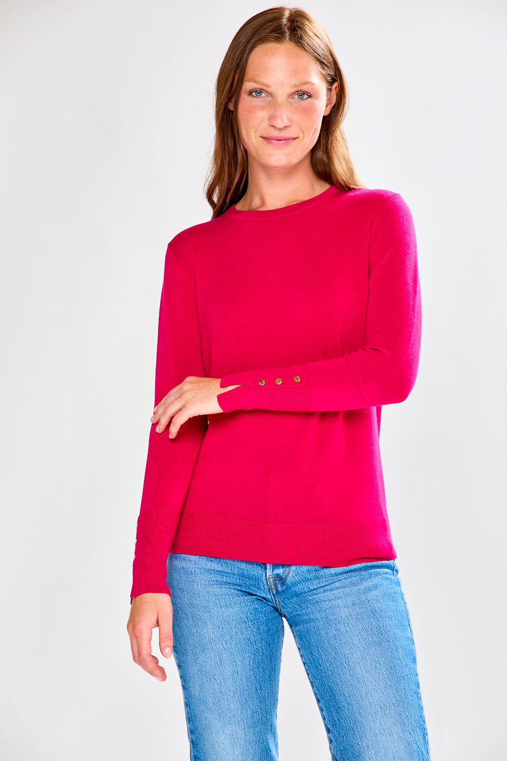 Crew Pullover With Button Cuff Slit in Berry