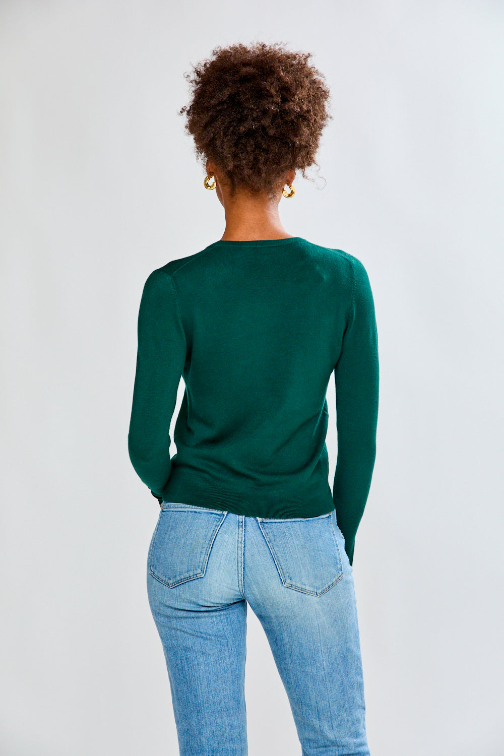 Crew Pullover With Button Cuff Slit in Evergreen