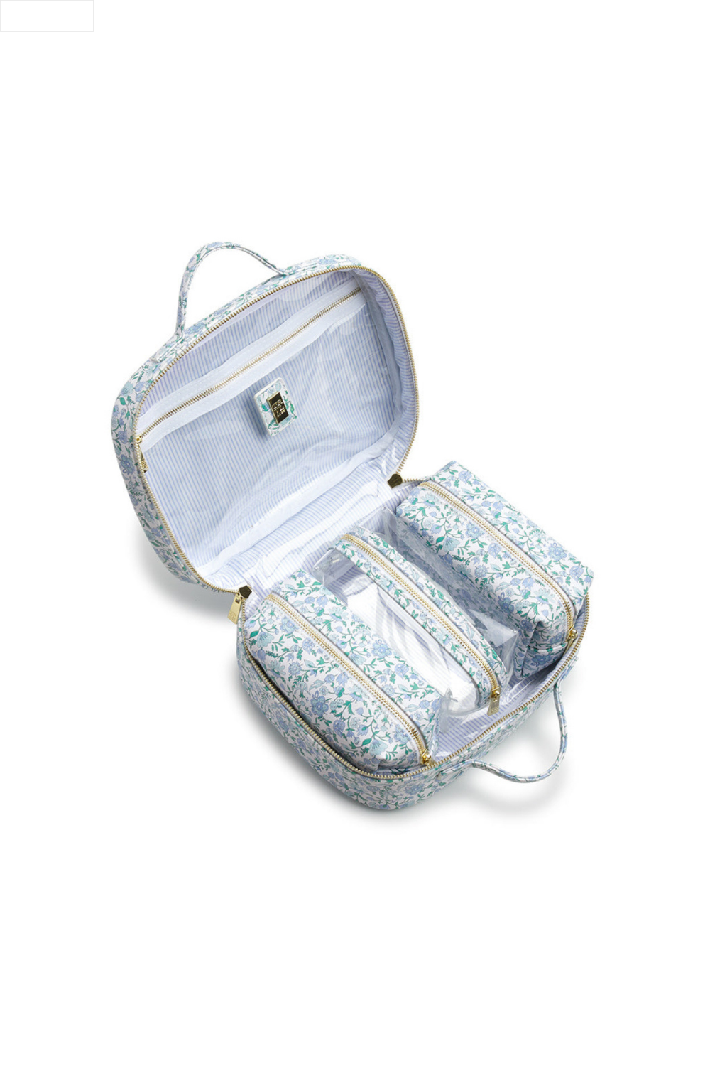 Floral-patterned toiletry bag on a white background