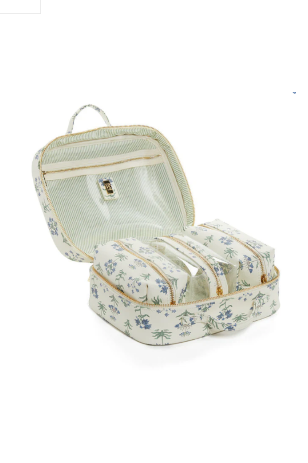 Floral-patterned toiletry bag on a white background