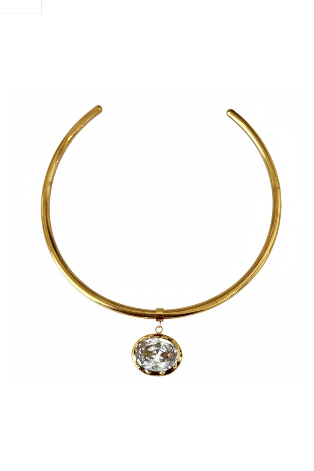 Gold choker necklace with a central gemstone on a white background