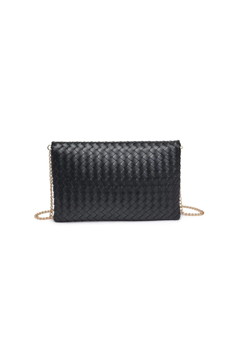 Black woven clutch bag with gold chain on a white background
