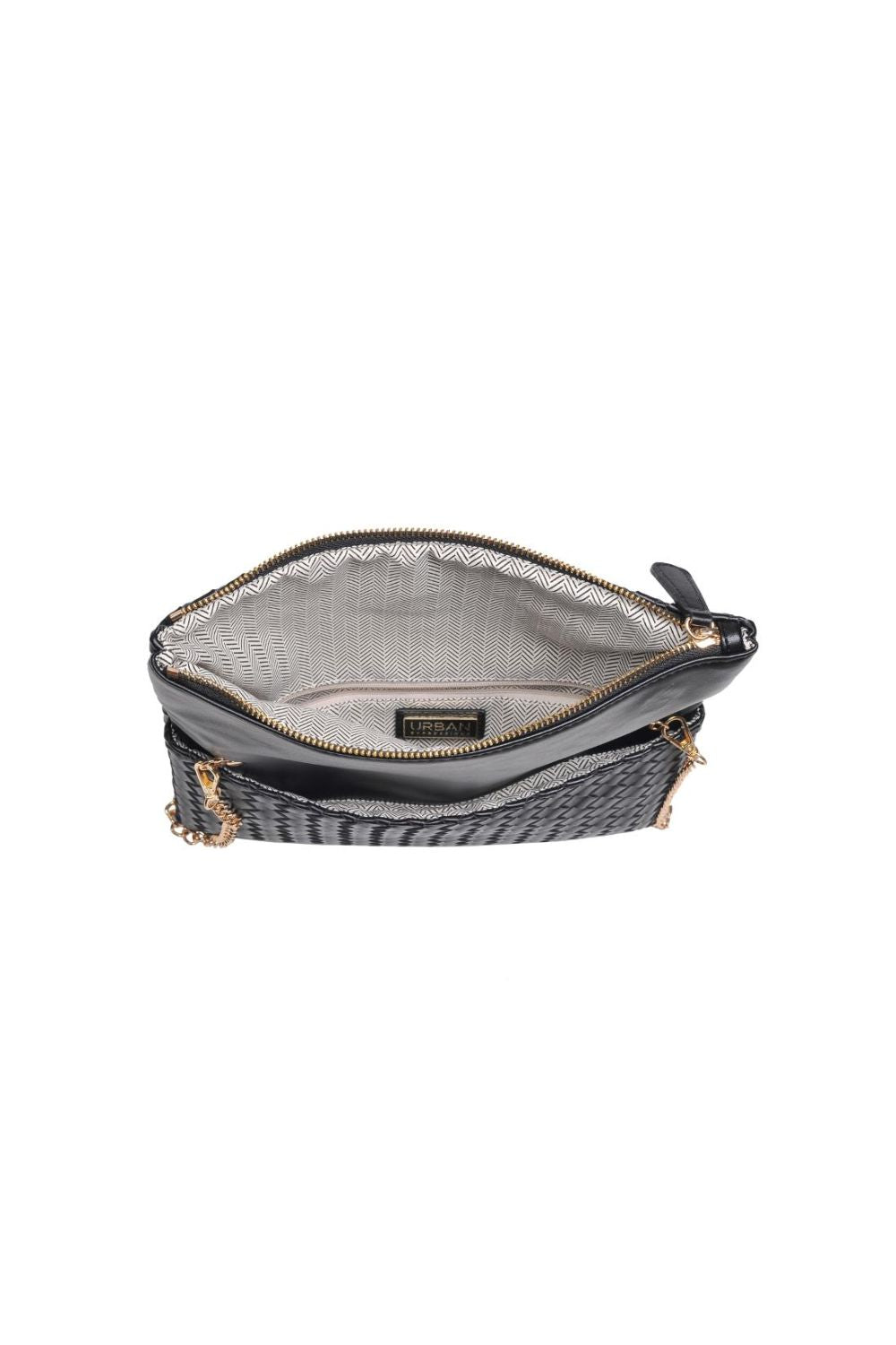 Black woven clutch bag with gold chain on a white background