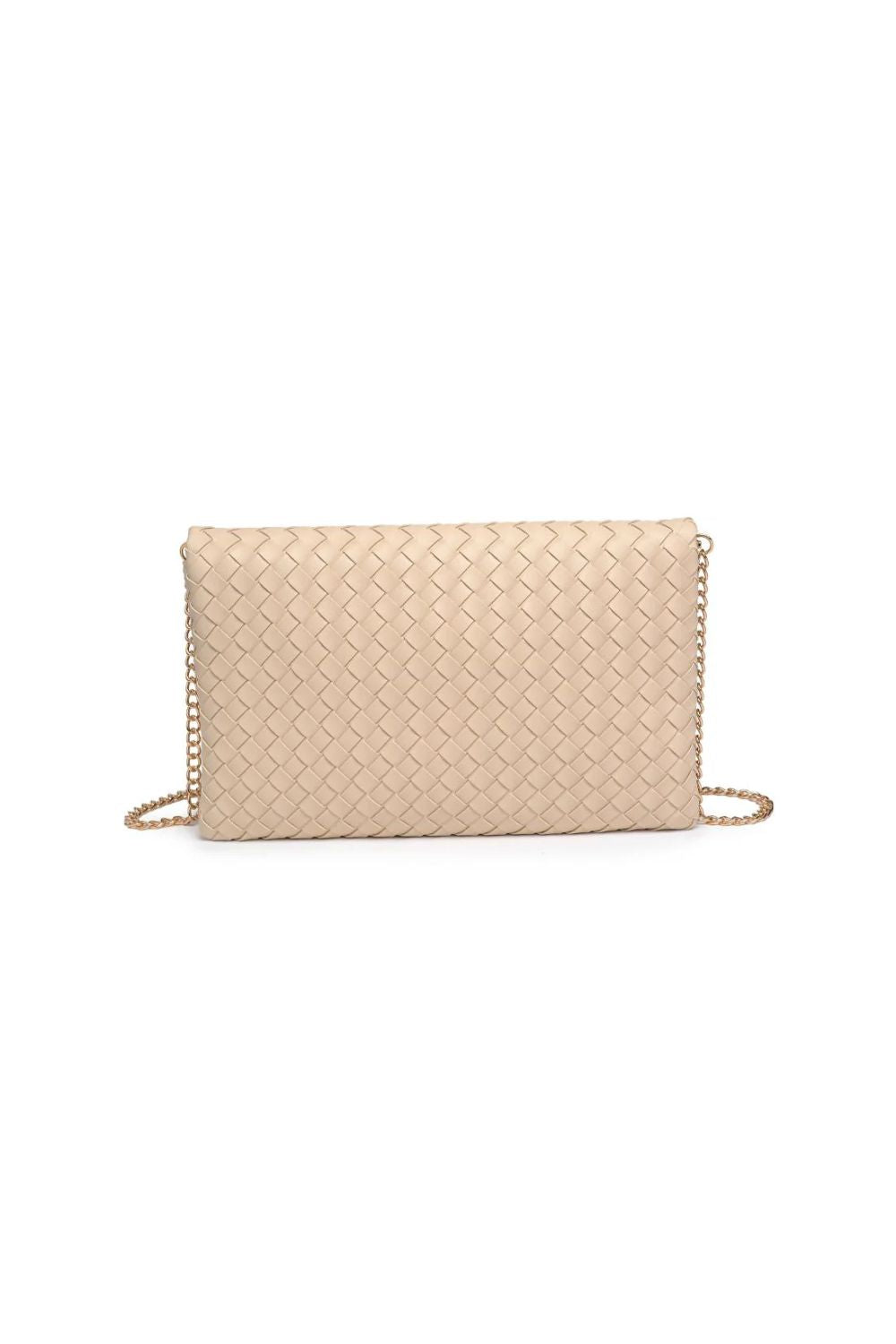 Beige woven handbag with a chain strap on a white background