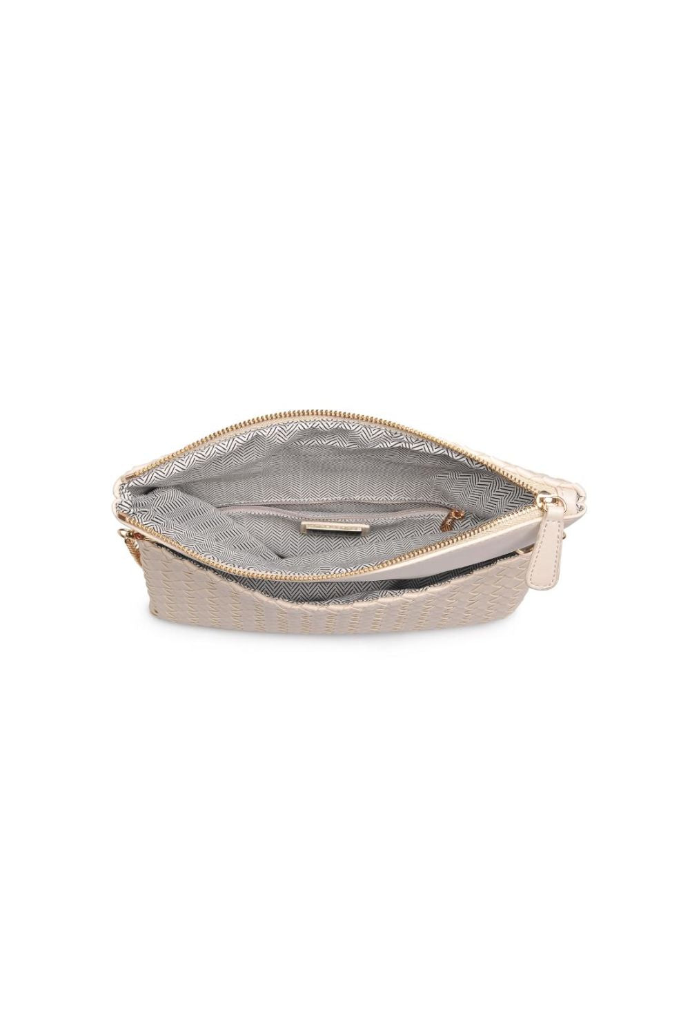 Beige woven handbag with a chain strap on a white background