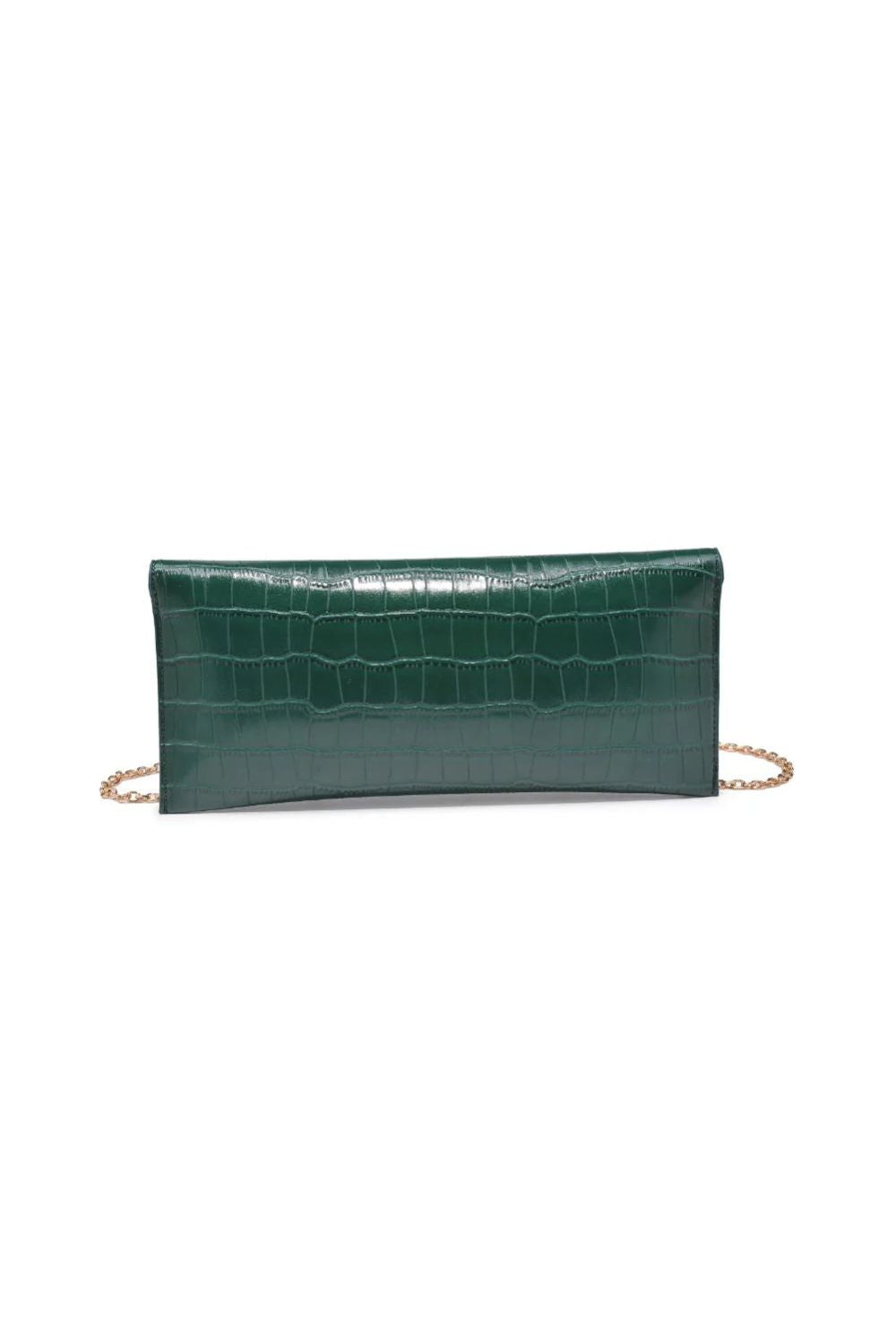 Green clutch bag with gold chain on a white background