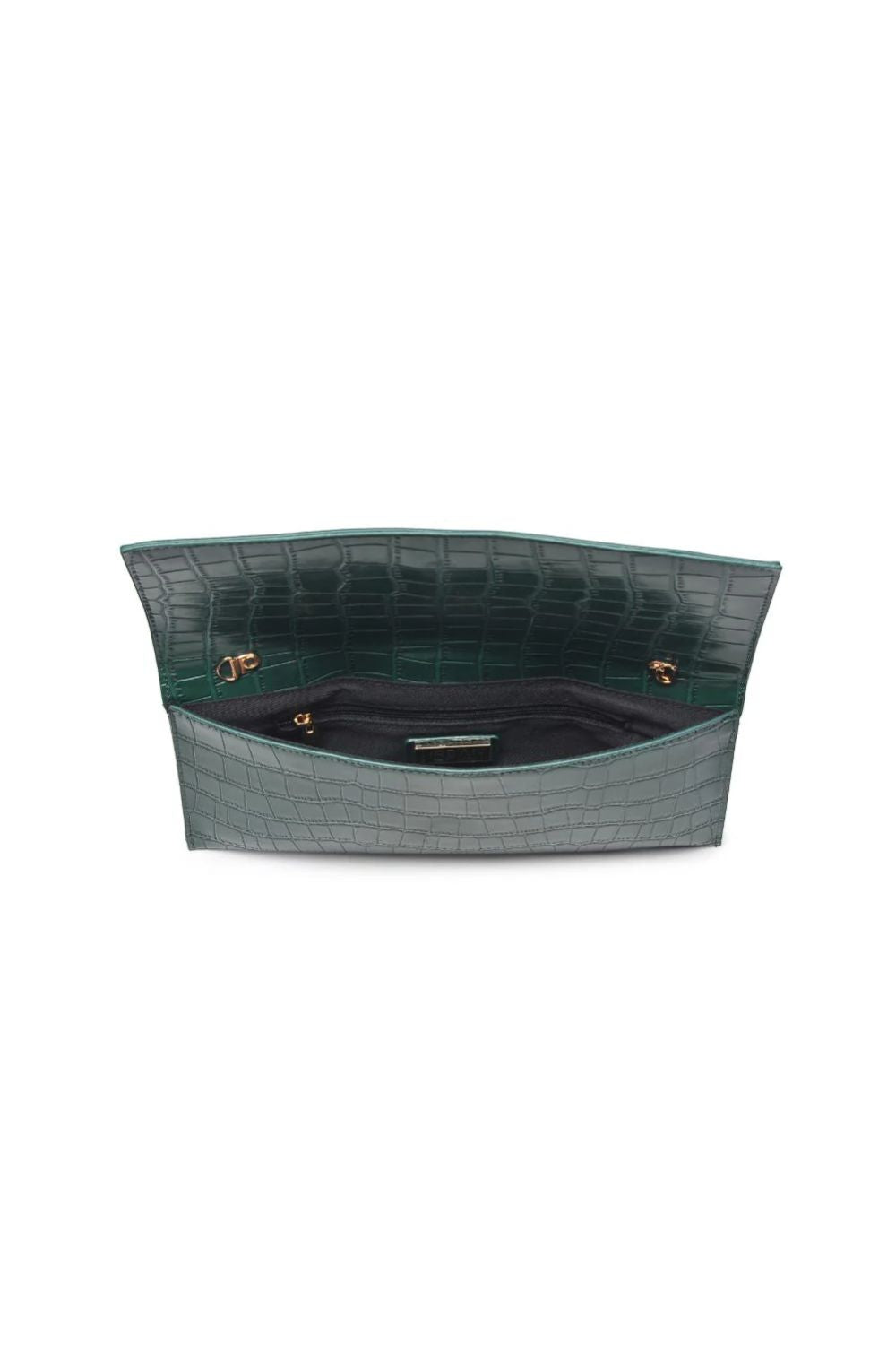 Green crocodile-patterned clutch bag on a white background