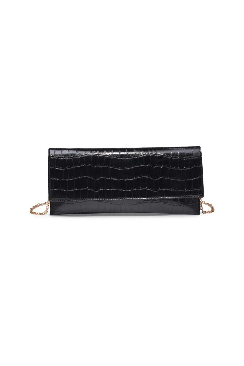 Black crocodile-patterned clutch bag on a white background