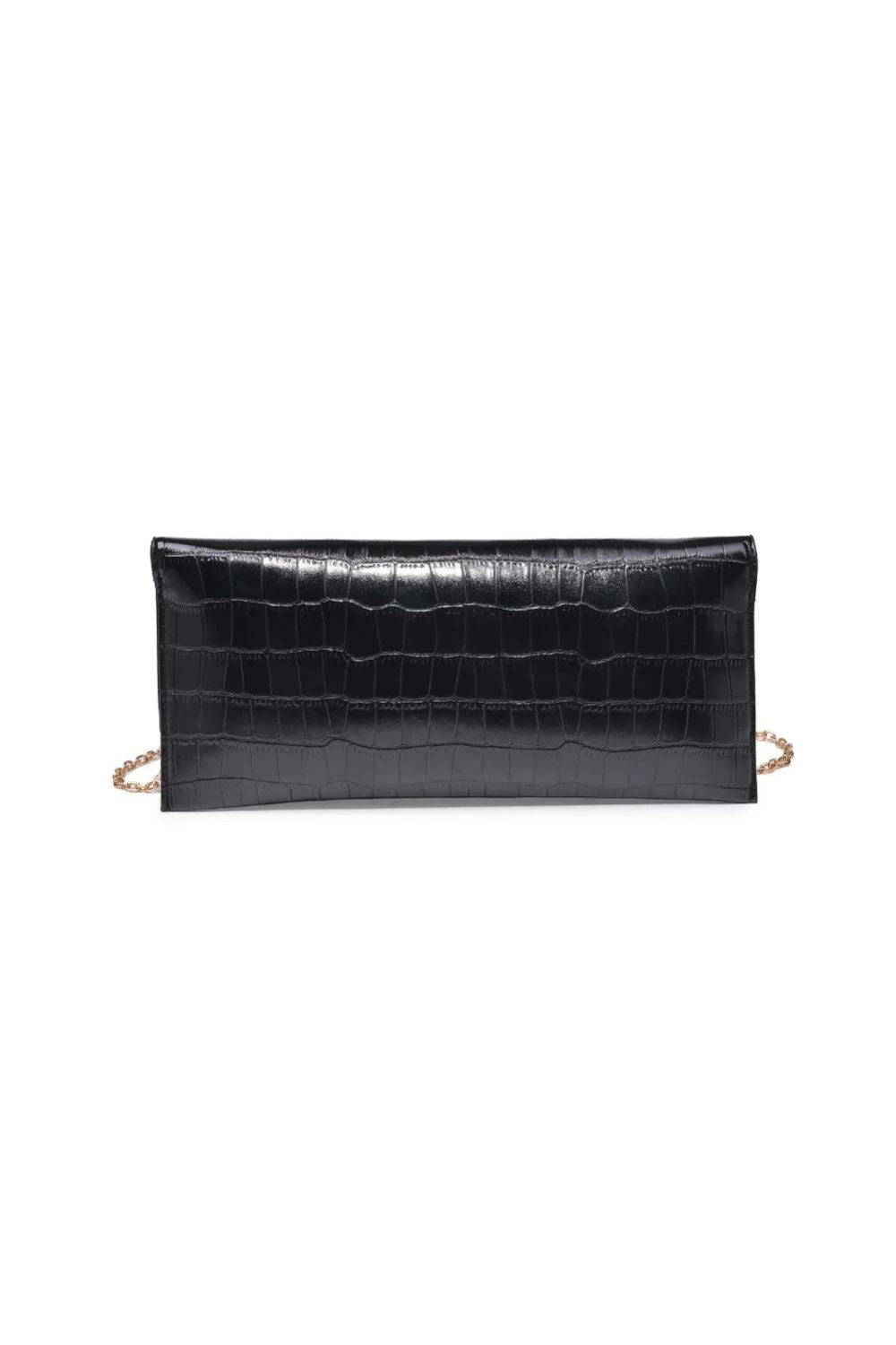 Black crocodile-patterned clutch bag on a white background
