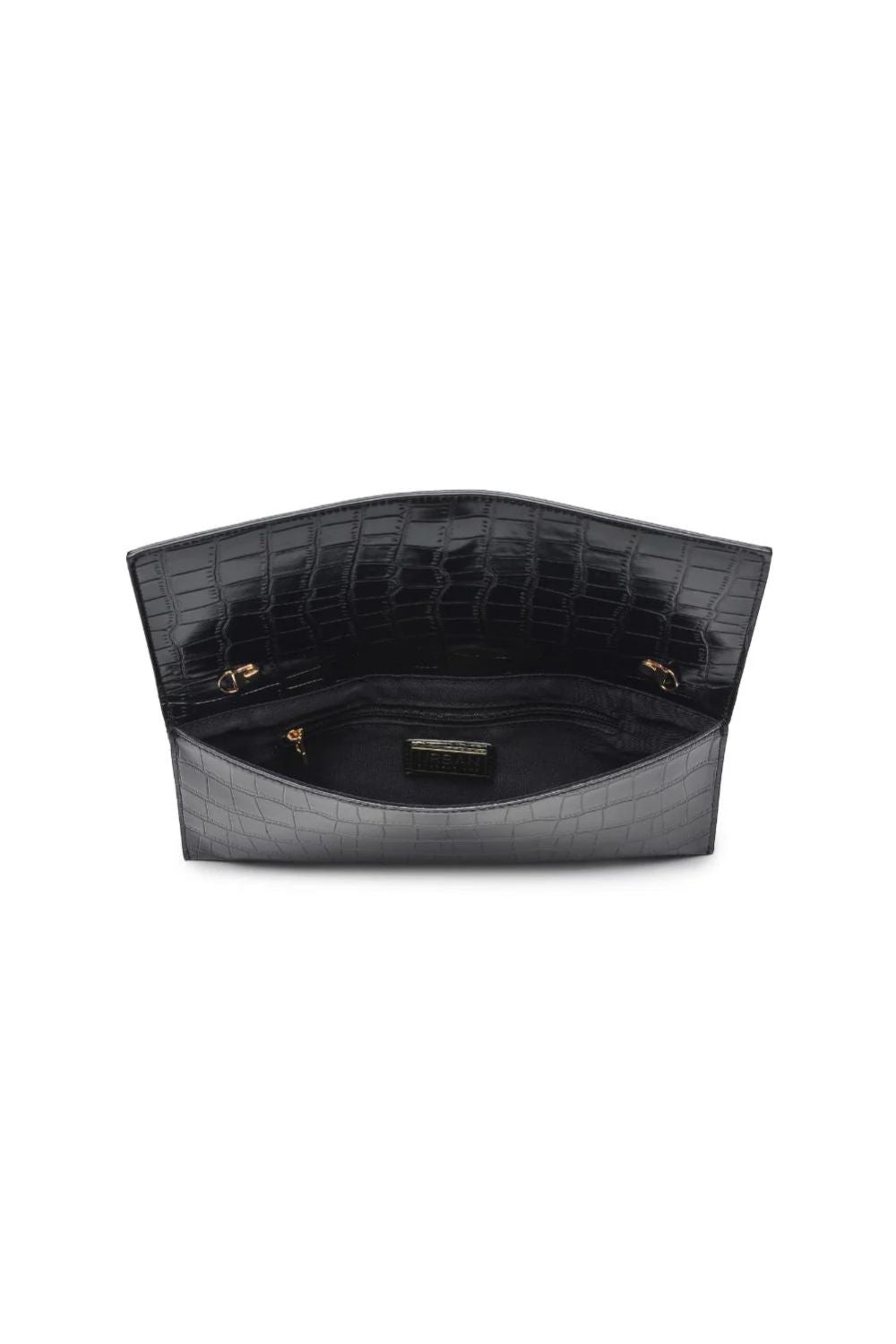 Black crocodile-patterned handbag on a white background