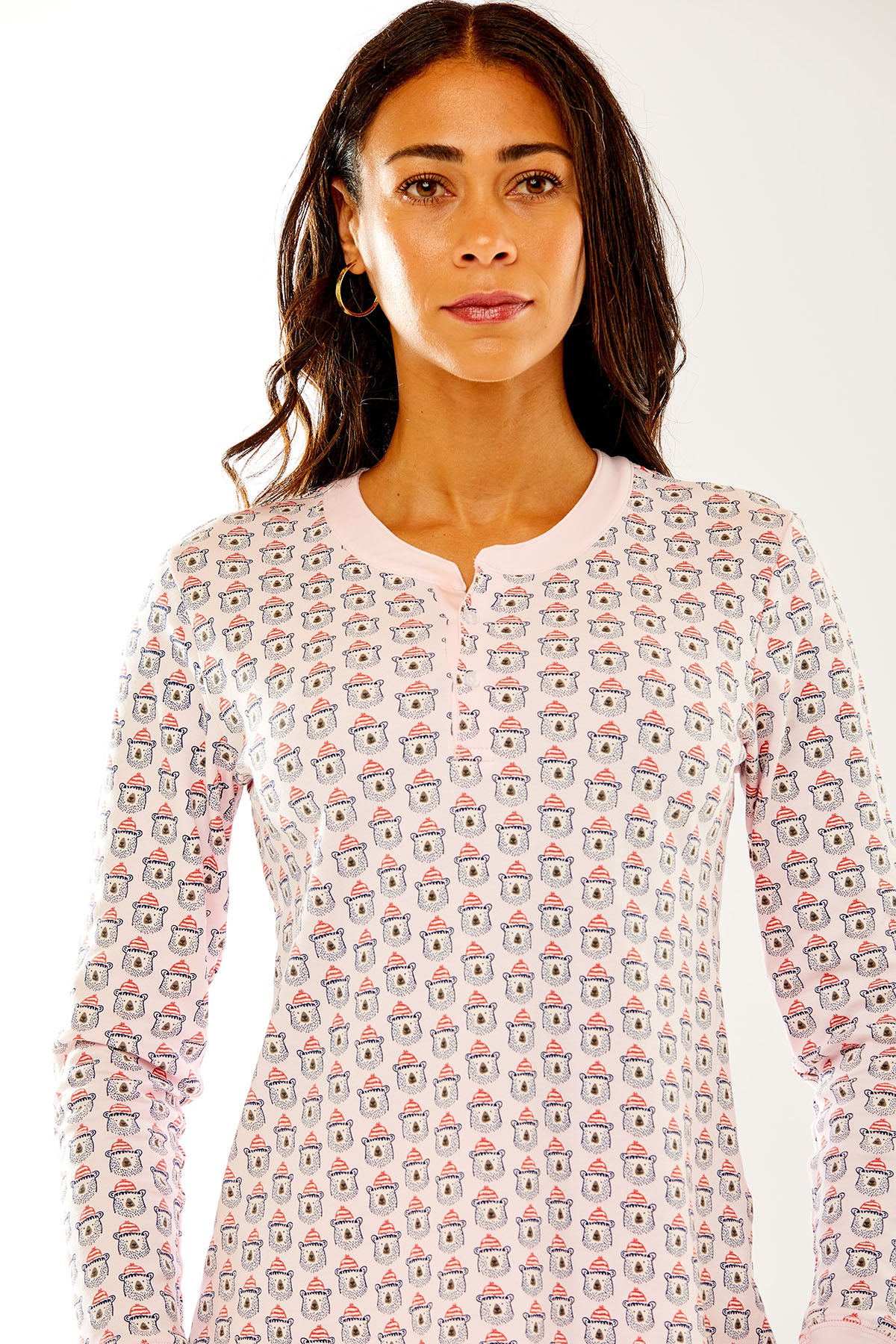 Woman in pippa polar bear pajamas